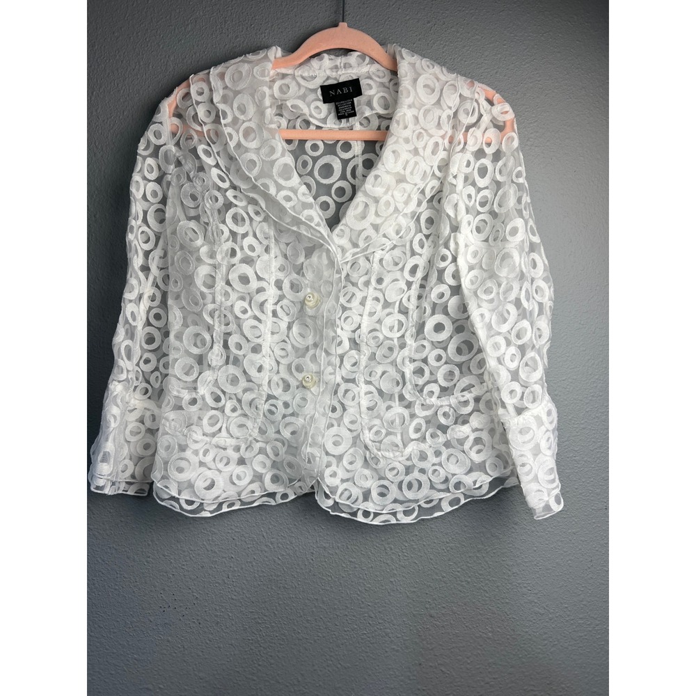 Nabi Womens White Sheer Geometric Circle Lace Button Front Blazer Jacket Small